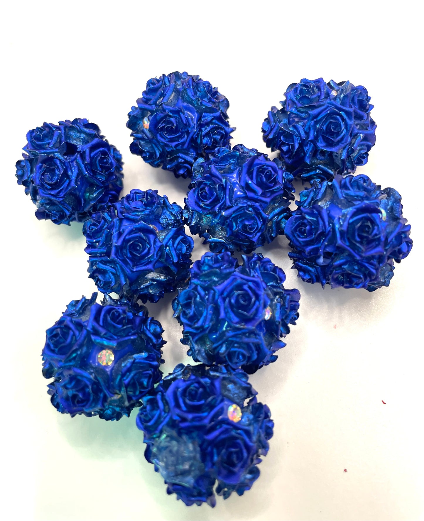 metallic looking rose flower beads ornaments with rhinestone,colored ,random mix,christmas vibe color