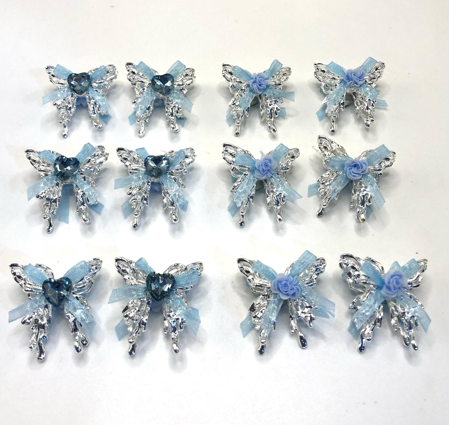 alloy metal fancy butterfly ornament with heart stone and rose flower and riband colored random mix