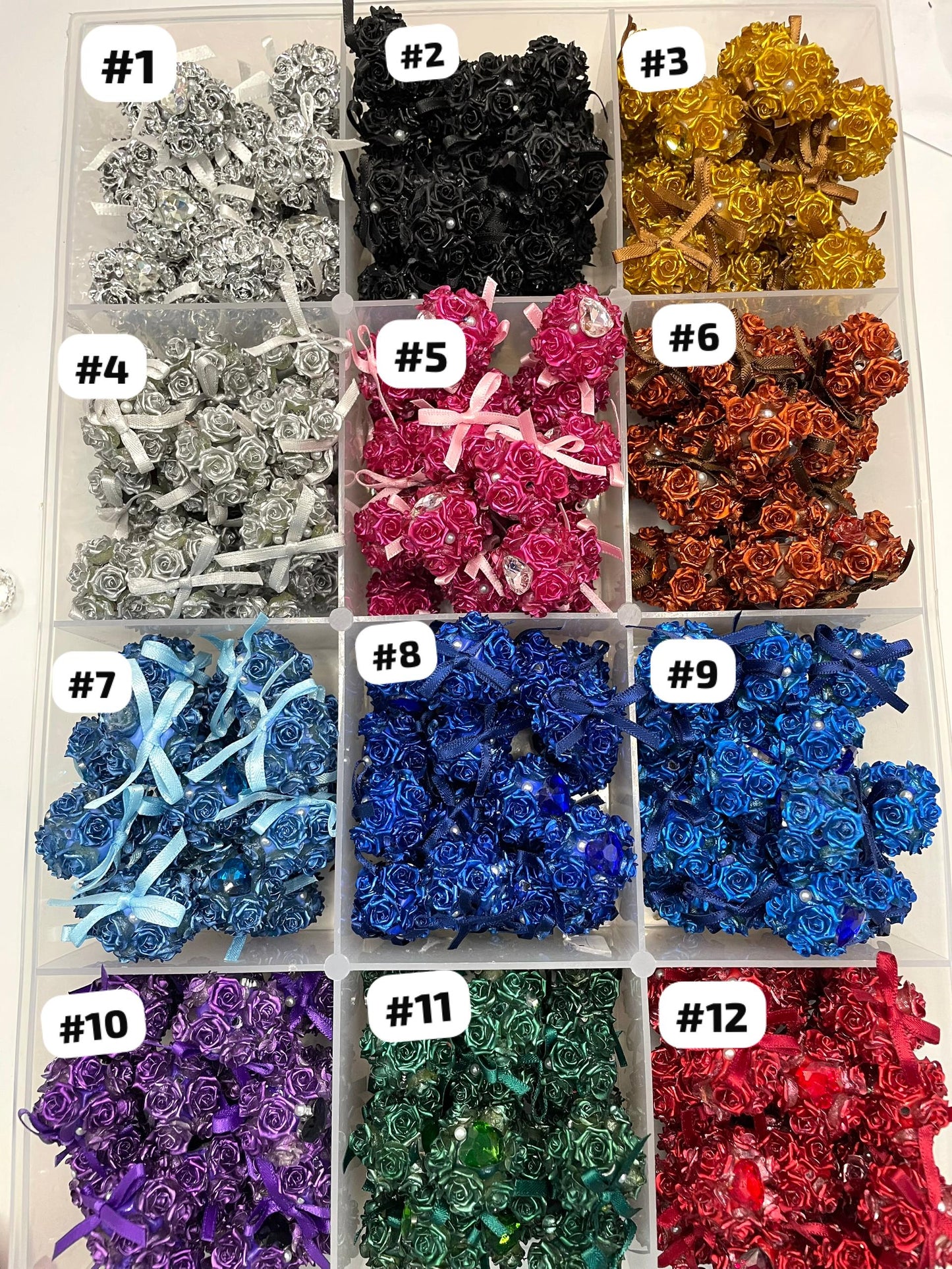 metallic looking bow flower with heart flower bead clay base bead with rose flower and bow with pearl colorful ,random mix
