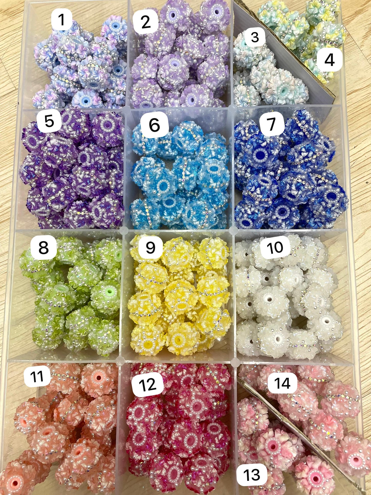 Flowe bead acrylic flower bead ornaments with pearl UV glitter on leaves rhiestone chain diy bead beadable bead random mix color