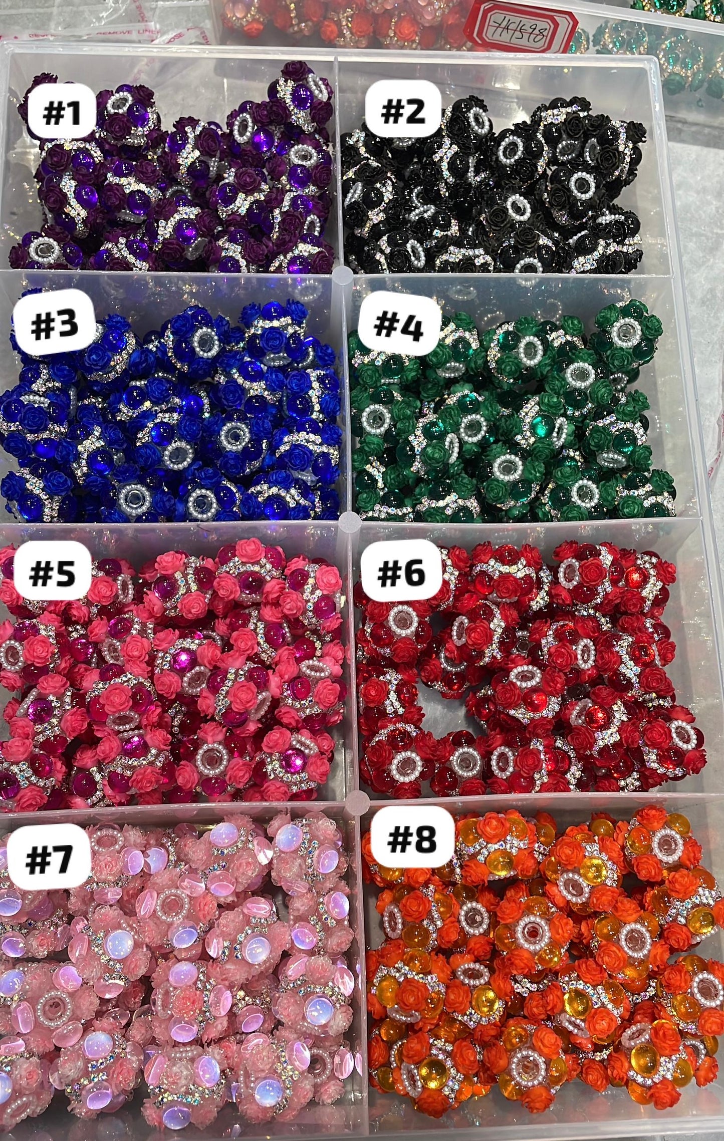 fancy flower beads beaded beadable ornaments with bubble and pearl and silver rhinestone chain