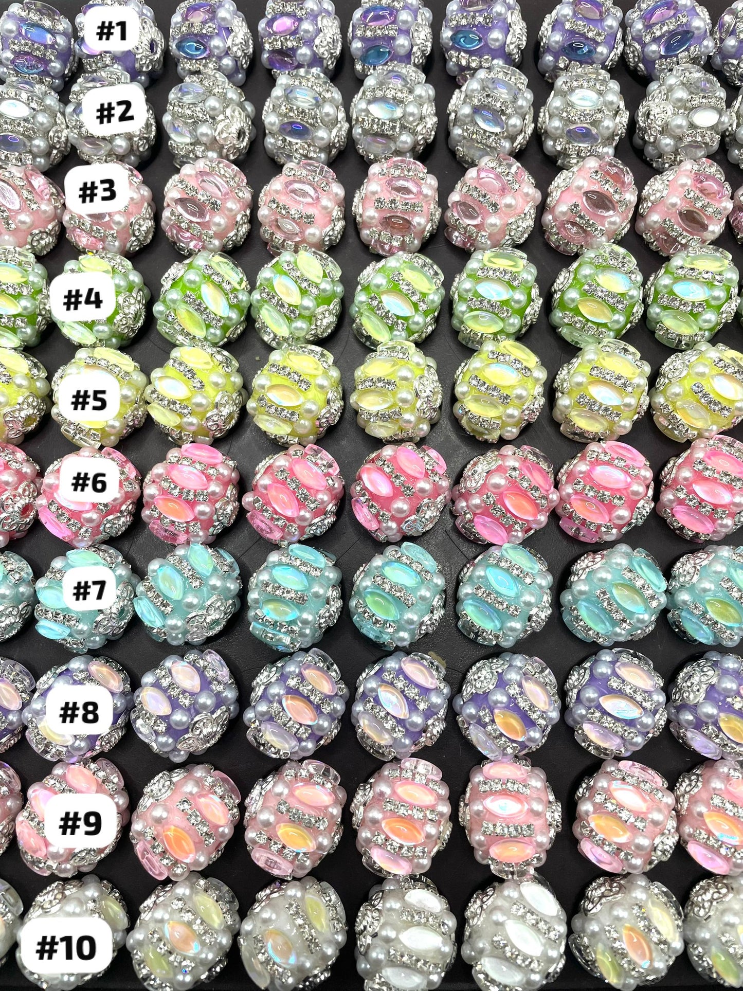 beaded beadable craft fancy bubble shape stone beads ornaments with pearl and rhineston chain and metallic bead cap cover the top and bottom random mix ,colored