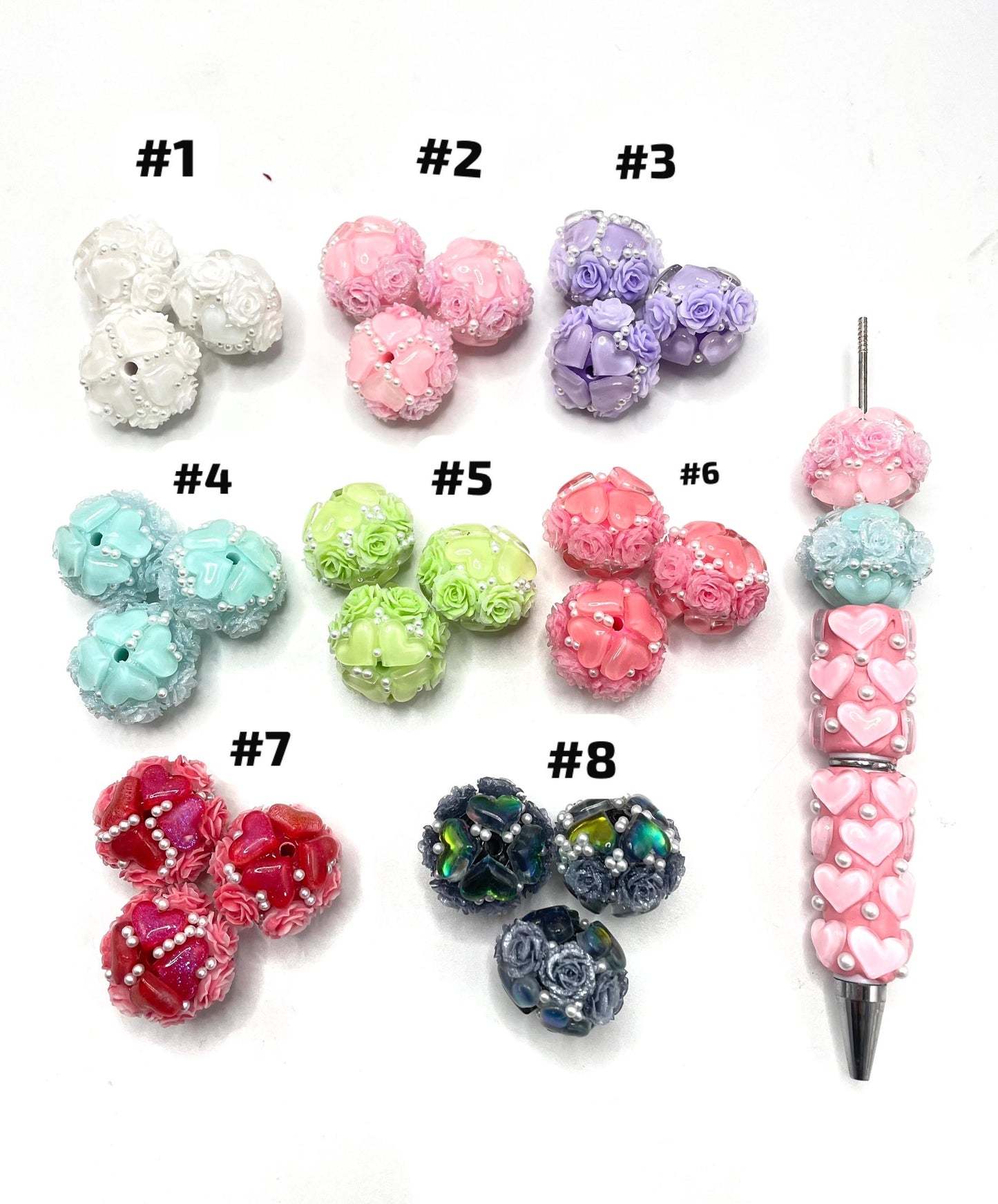 Beaded beadable fancy heart beads ornament with rose flower and pearl ,colored ,random mix