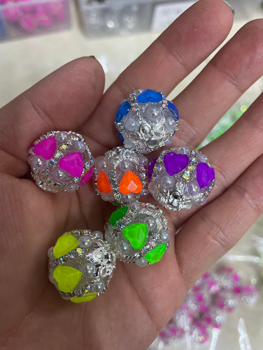 Neon beads heart beads with silver rhinestones chain and bead cap fancy beads