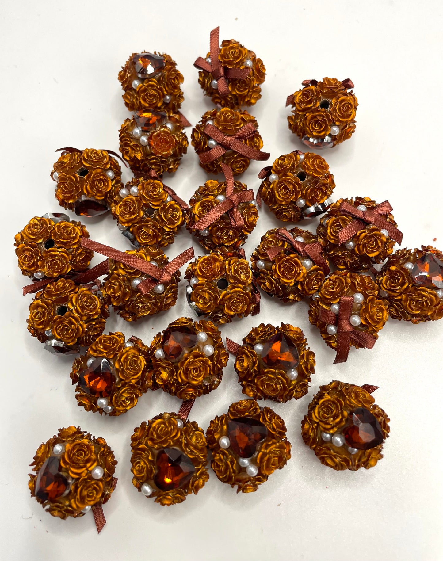 DIY flower beads ornament with bow and heart shape stone and pearl,colored random mix