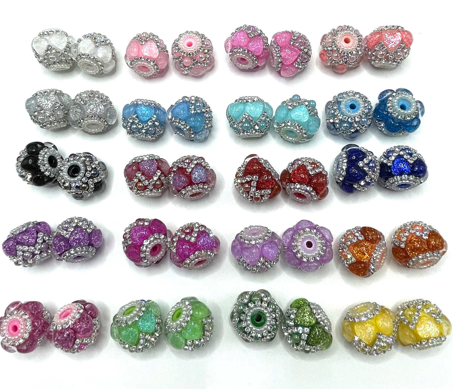 diy beaded beadable fancy beads ornaments with glitter heart and rhinestones chain and pearl ,random mix