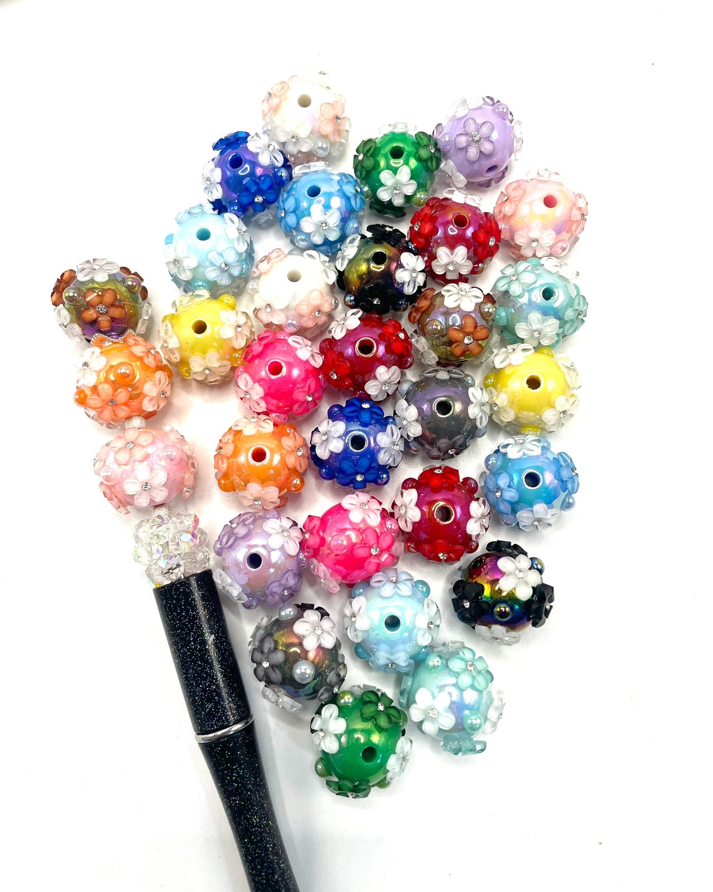 3D Flower Bead Solid acrylic bead And Colored Small Flowers With Pearl Rhinestones,16mm random mix