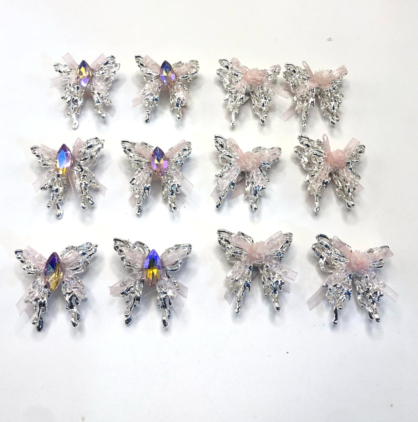 alloy metal fancy butterfly ornament with heart stone and rose flower and riband colored random mix