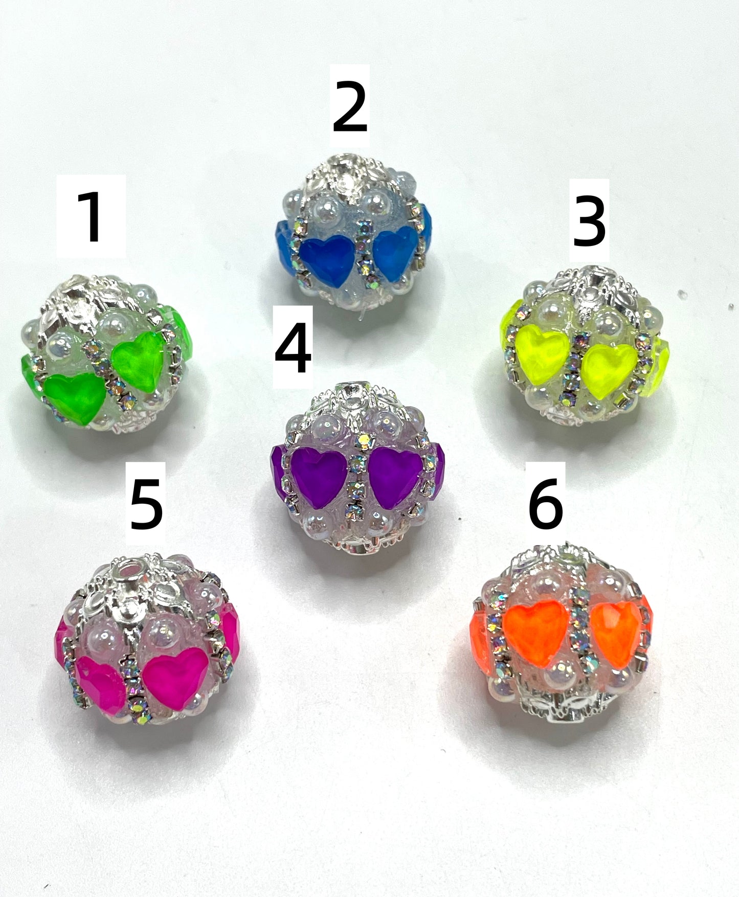 Neon beads heart beads with silver rhinestones chain and bead cap fancy beads