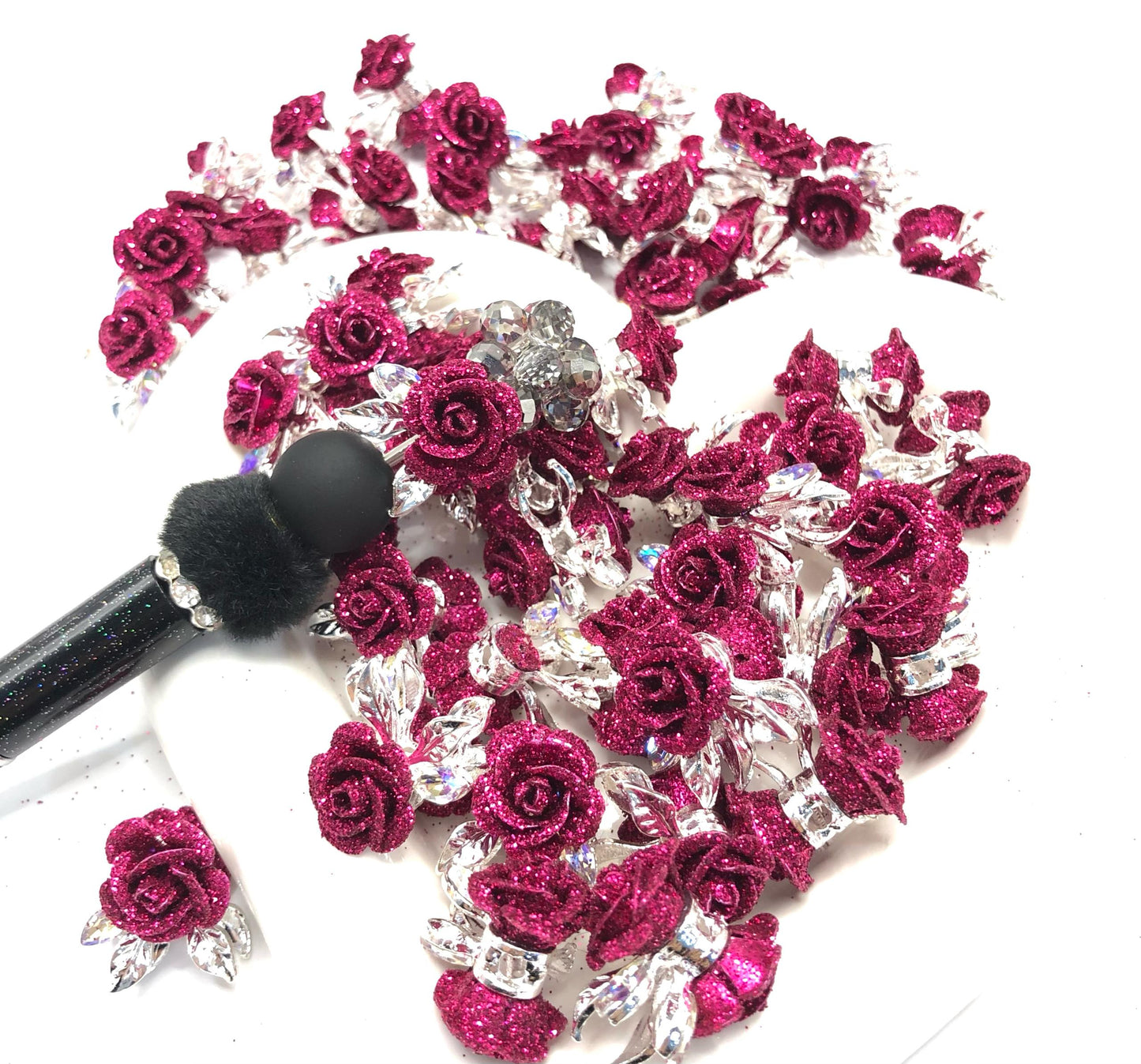 alloy metallic fancy rose flower with the glitter powder on petal fancy beads,colored radom mix