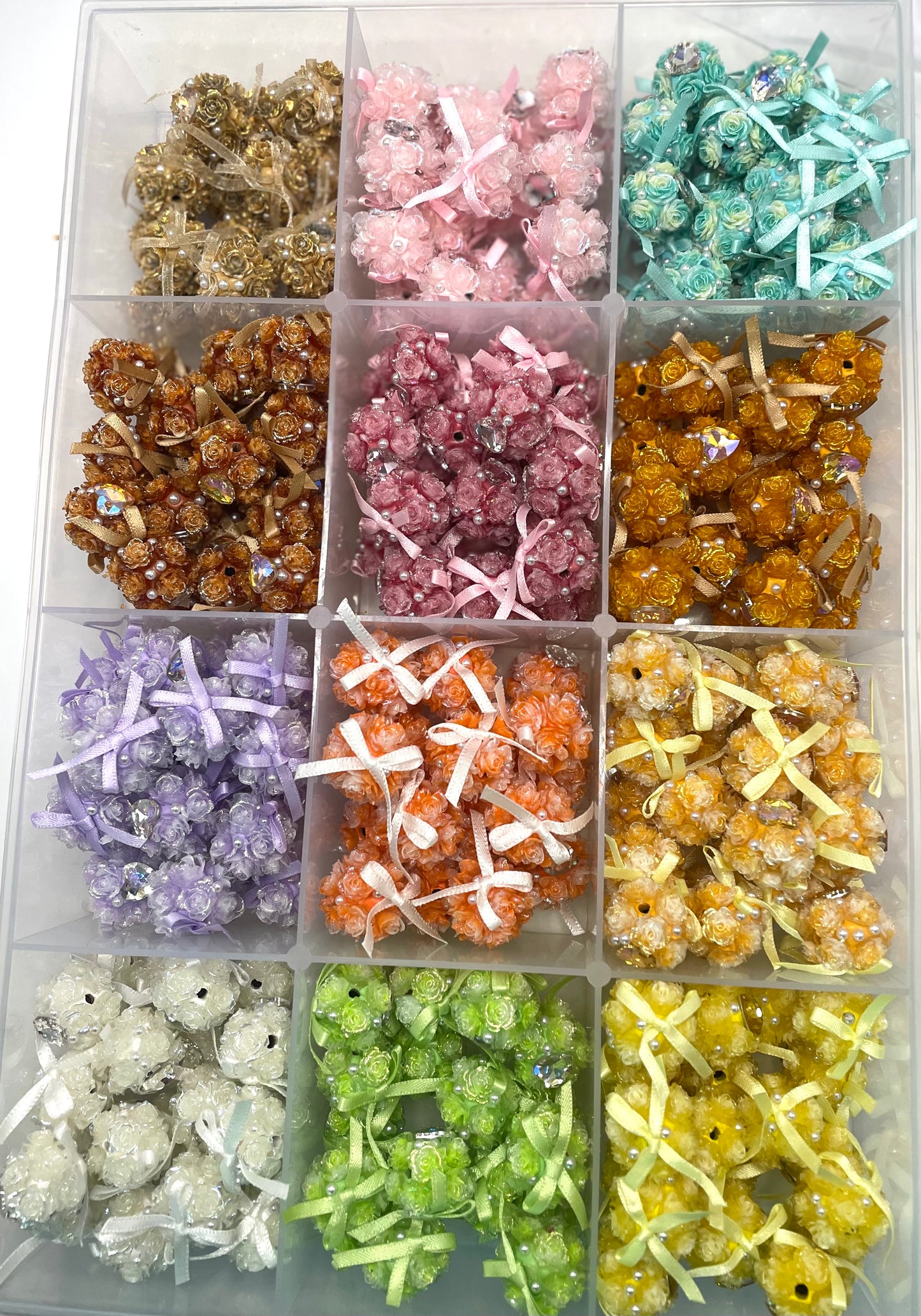 diy soft rose glitter bow flower beads ornament with pearl and heart shape stone ,colored ,random mix