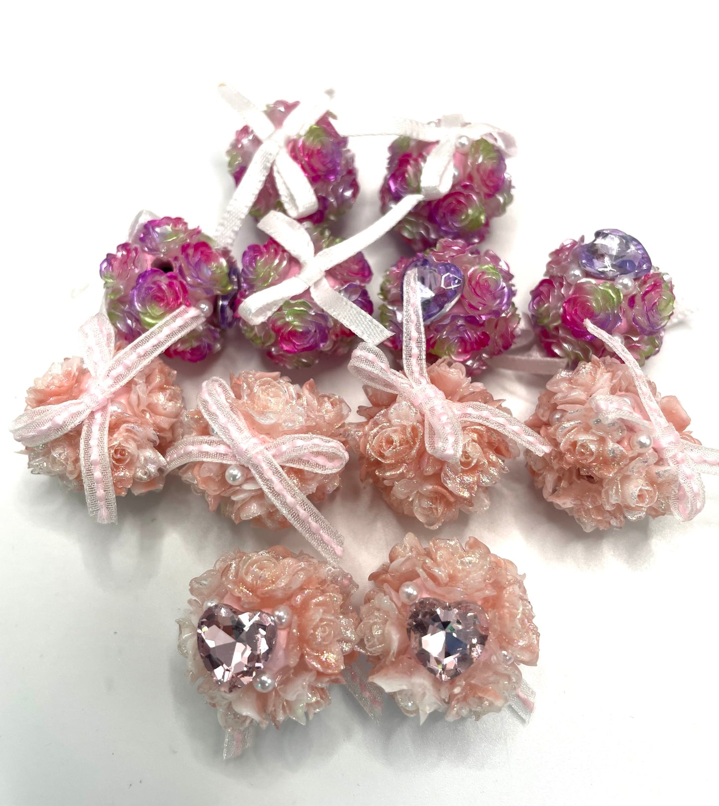 diy bow flower beads ornament with heart shape stone ,colored,random mix