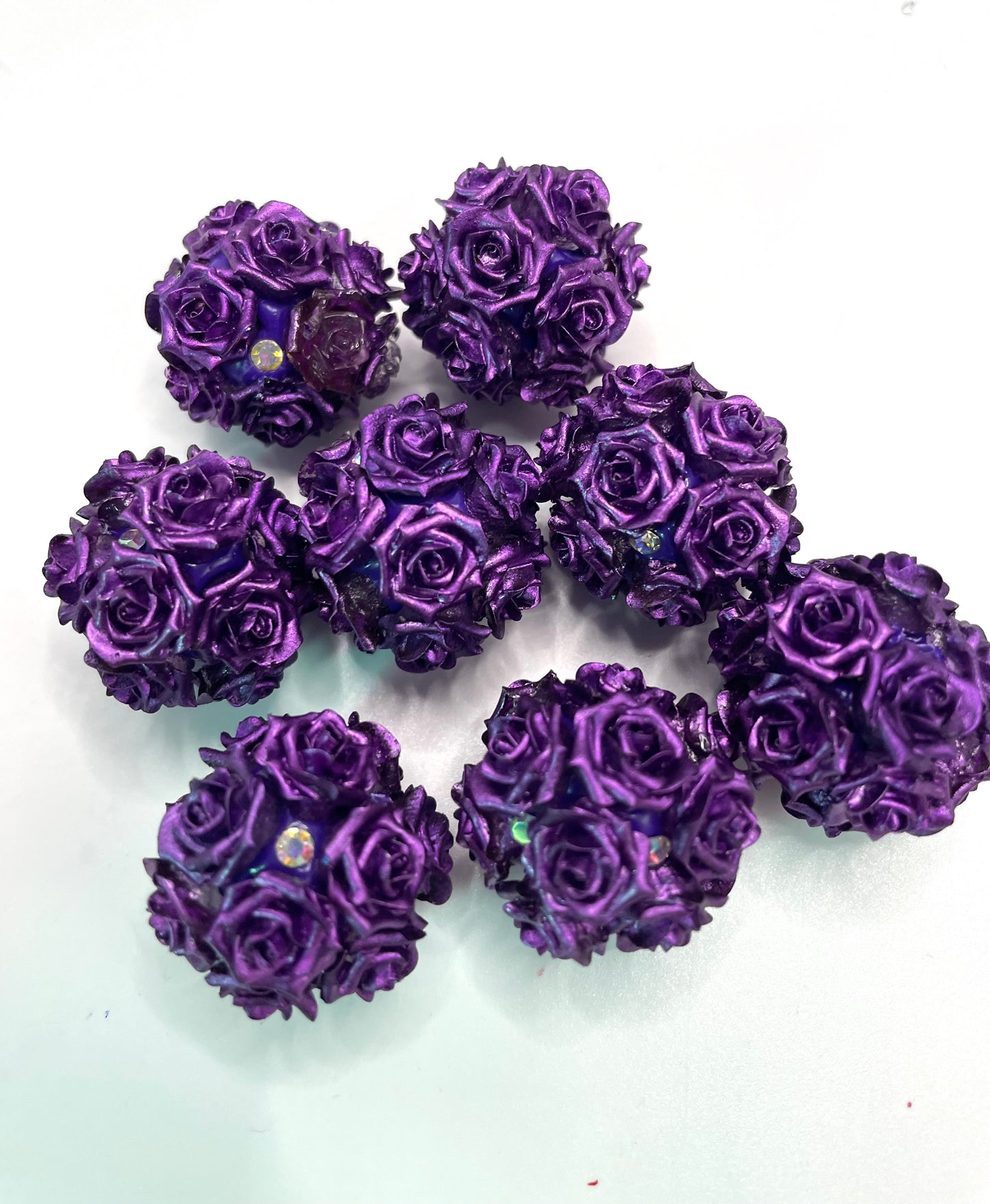metallic looking rose flower beads ornaments with rhinestone,colored ,random mix,christmas vibe color