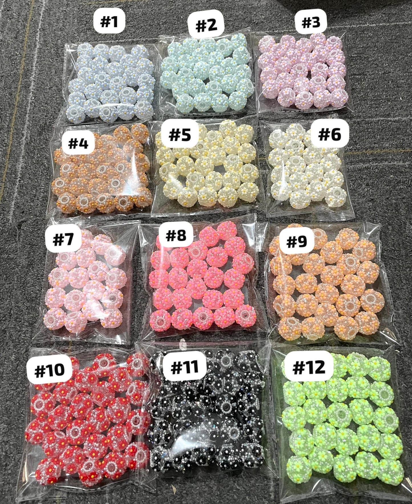 beaded beadable flower bead daisy flower with pearl transparent acrylic base bead ,colored ,random mix