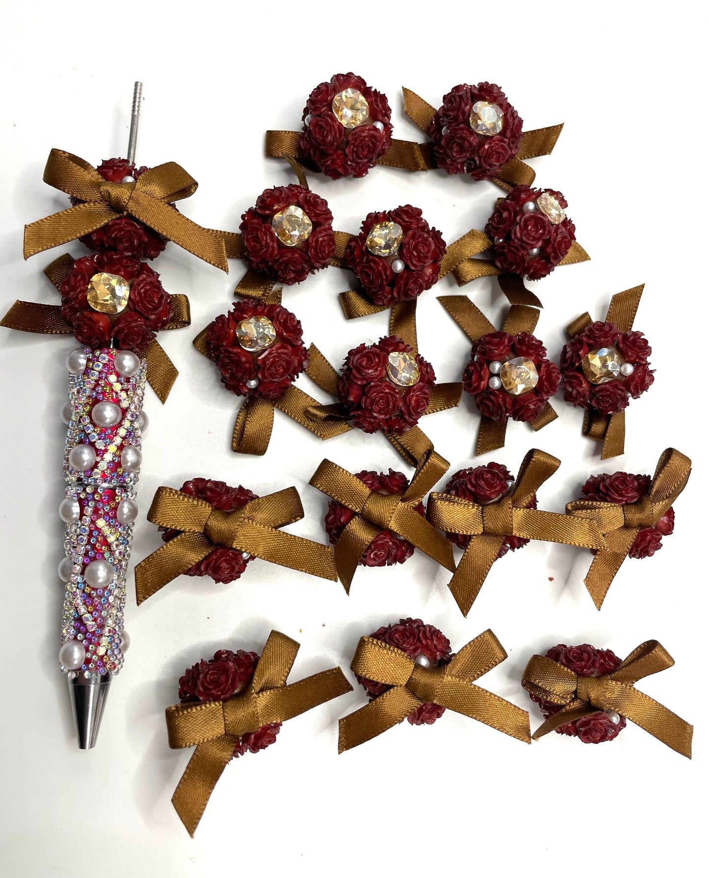 DIY flower beads ornament with bow and heart shape stone and pearl,colored random mix