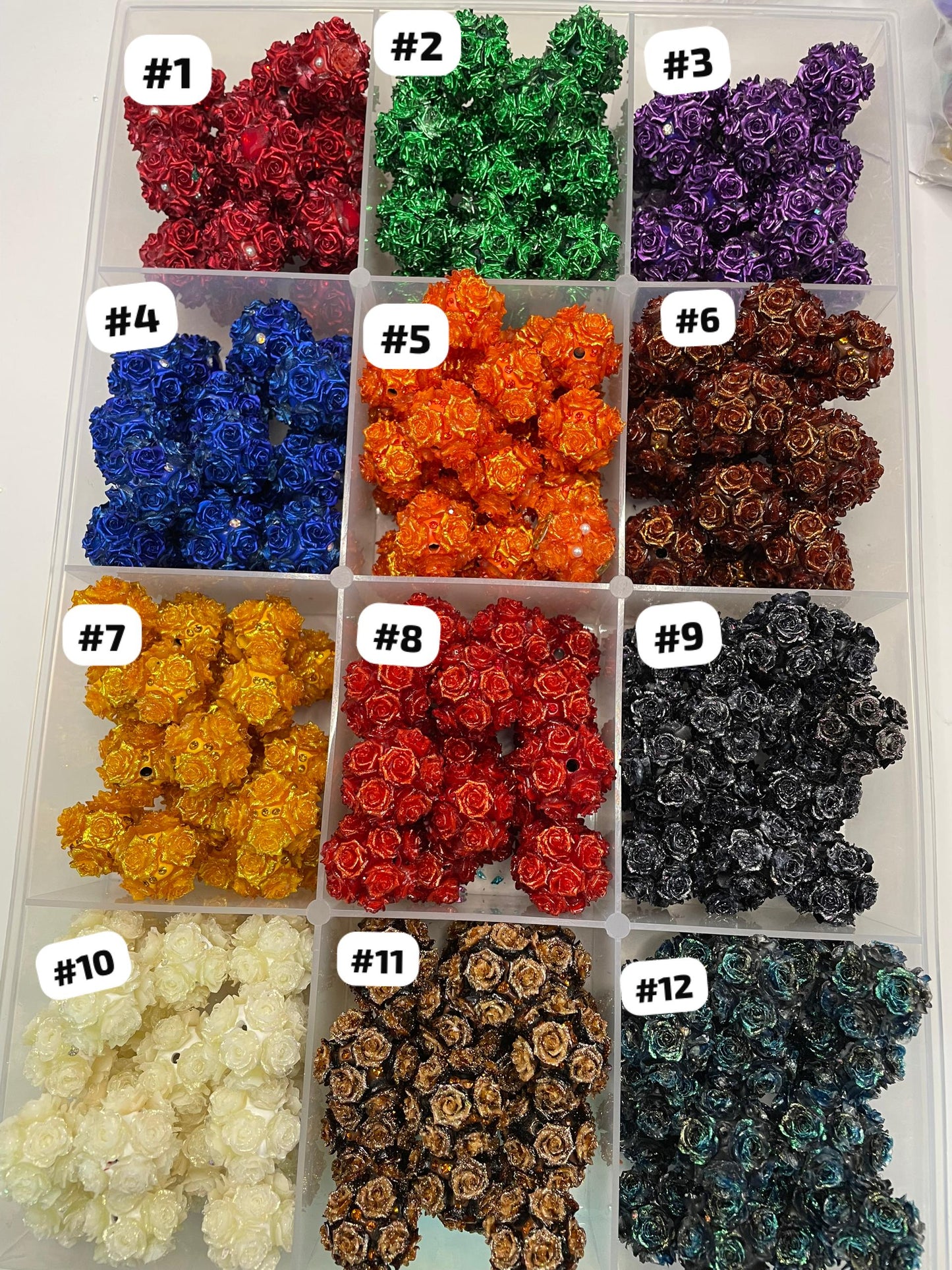 diy soft metallic glitter rose flower bead ornaments with rhinestone colored Christmas vibe ,colored ,random mix