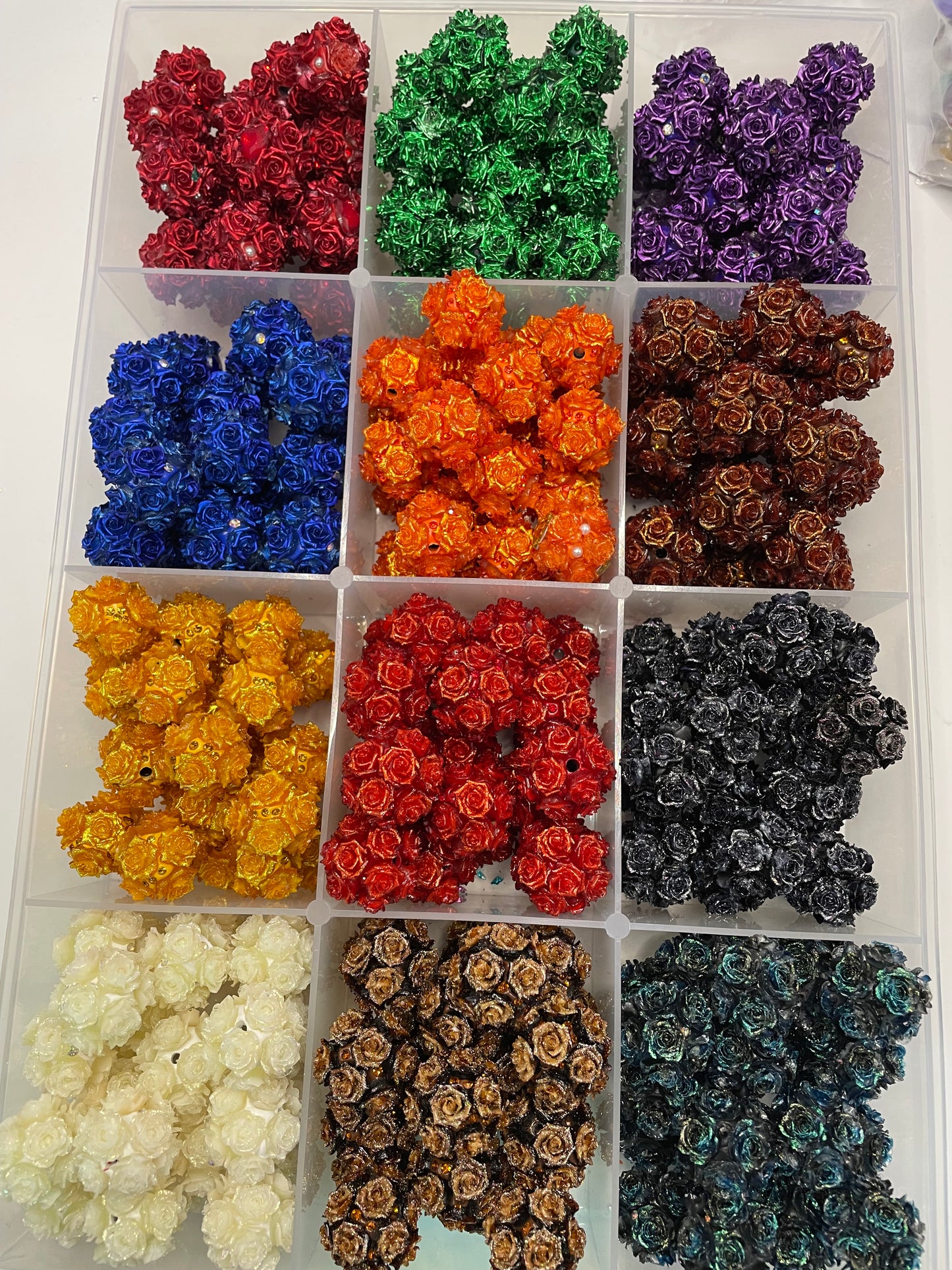 diy soft metallic glitter rose flower bead ornaments with rhinestone colored Christmas vibe ,colored ,random mix