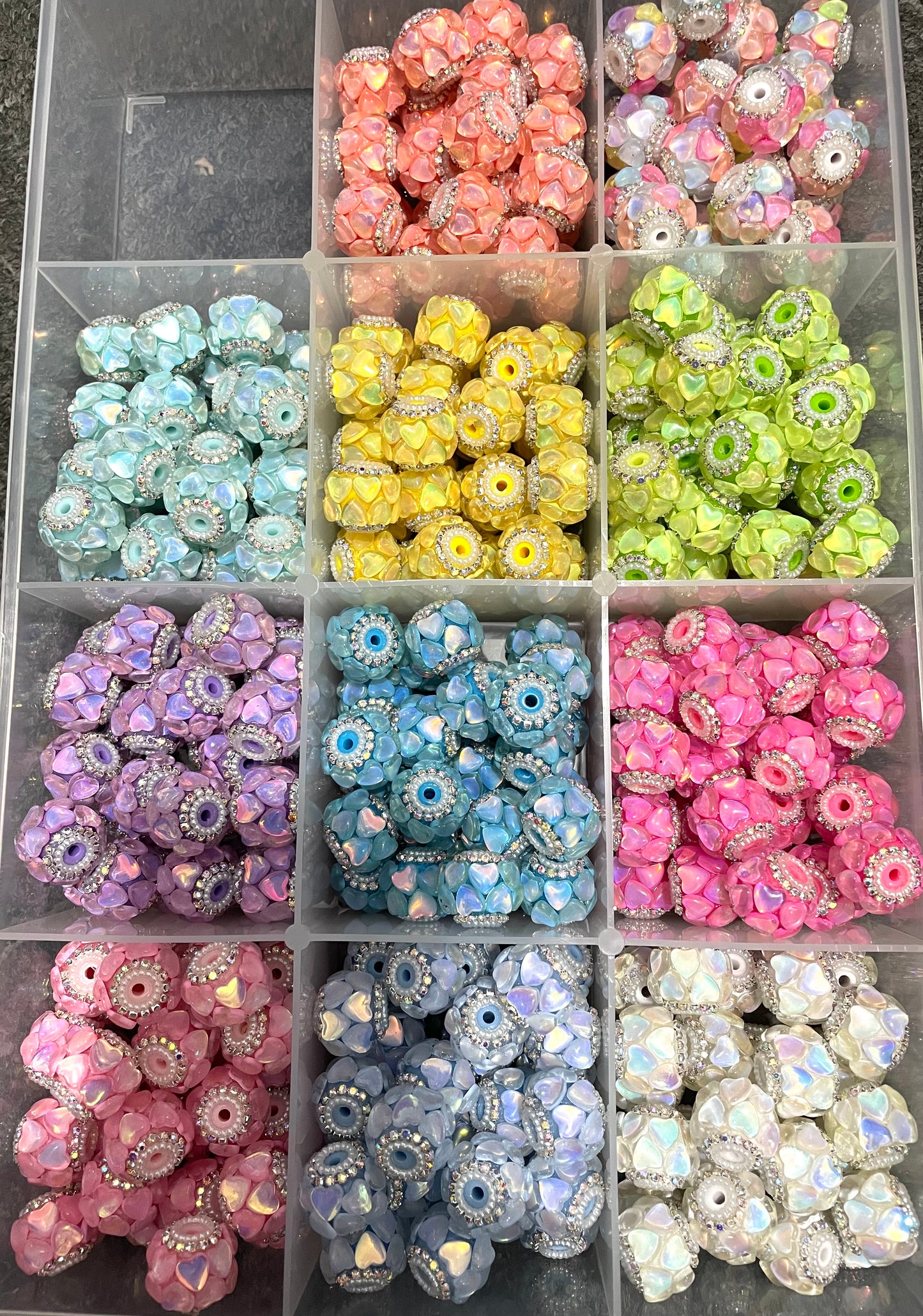 Beaded beadable fancy heart bead ornaments with rhinestone and pearl ,colored ,random mix