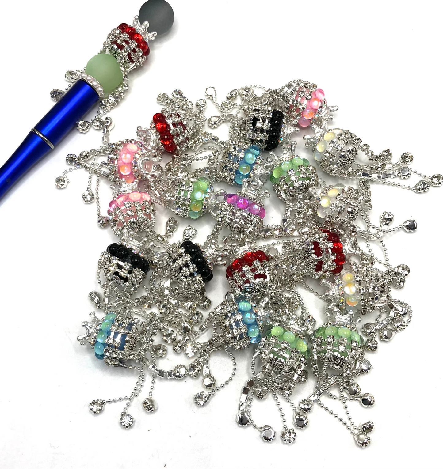 fancy bead ornaments with crown and buble dot and rhinestone chain dangling random mix color 19mm