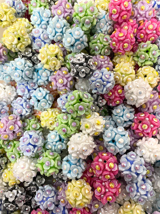 3 leaves flower beads three pastel flowers with rhinestones clay flower beads