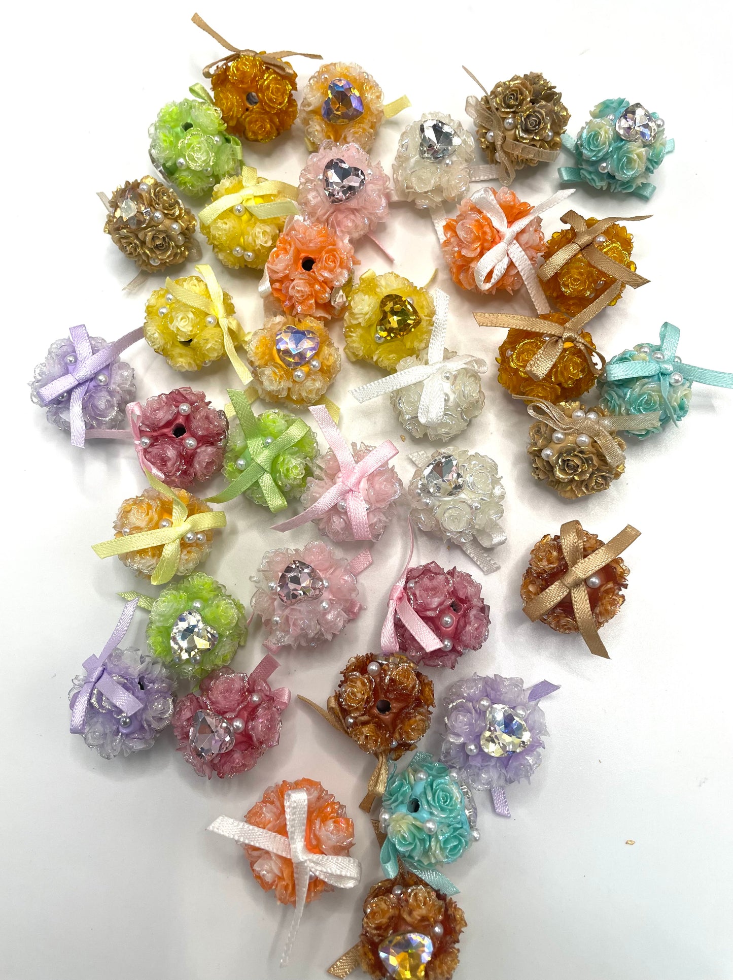 diy soft rose glitter bow flower beads ornament with pearl and heart shape stone ,colored ,random mix