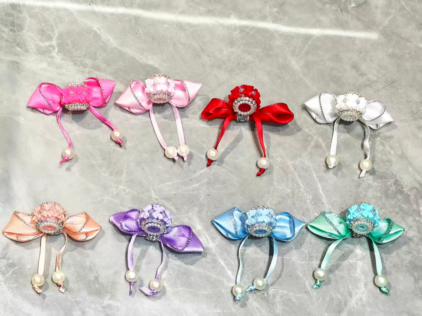 DIY beaded textile bow beads ornaments with rhinestone chain and pearl ,colored,random mix
