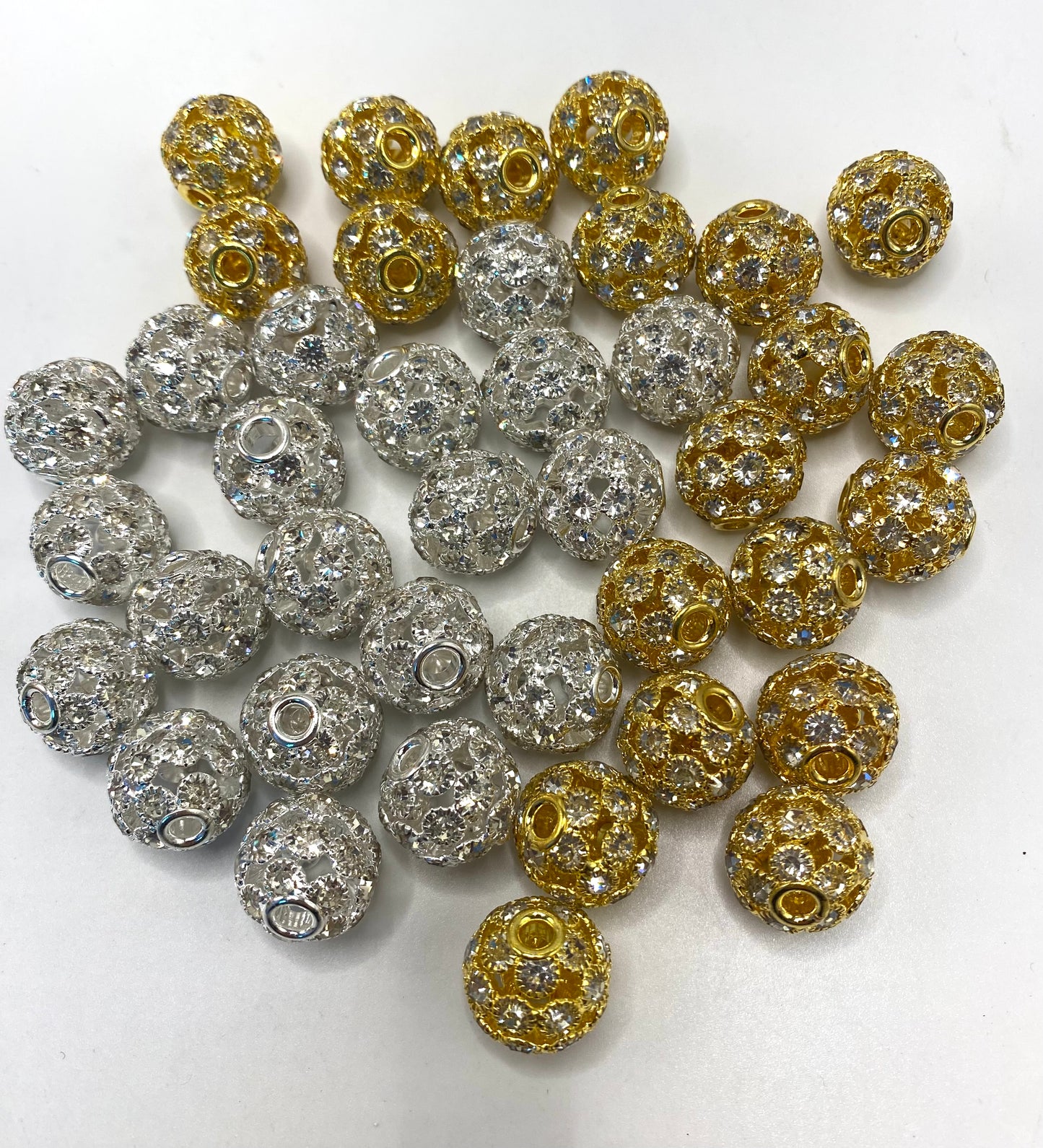 Metal Gold & Silver Hollow Ball with AB Rhinestone Alloy Beads,Random Mix,16mm