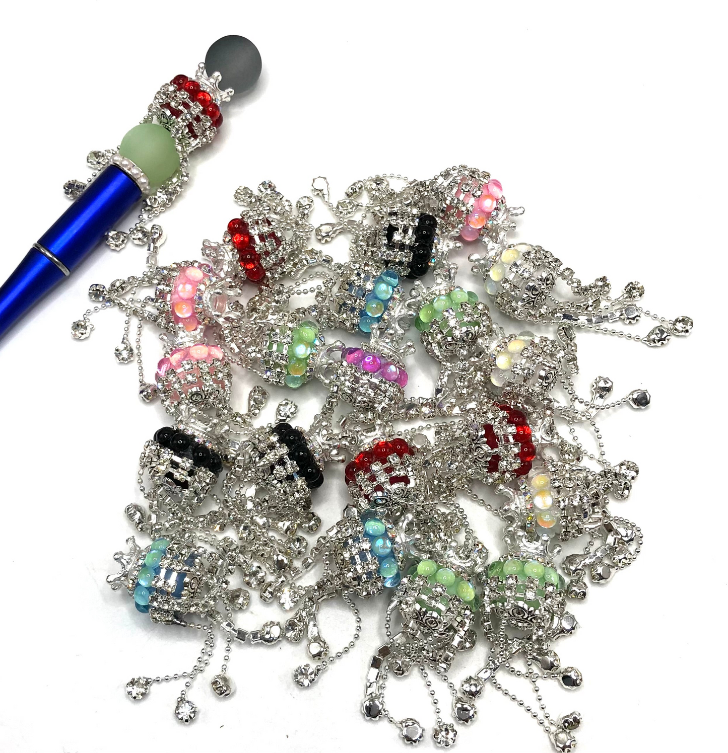 fancy bead ornaments with crown and buble dot and rhinestone chain dangling random mix color 19mm