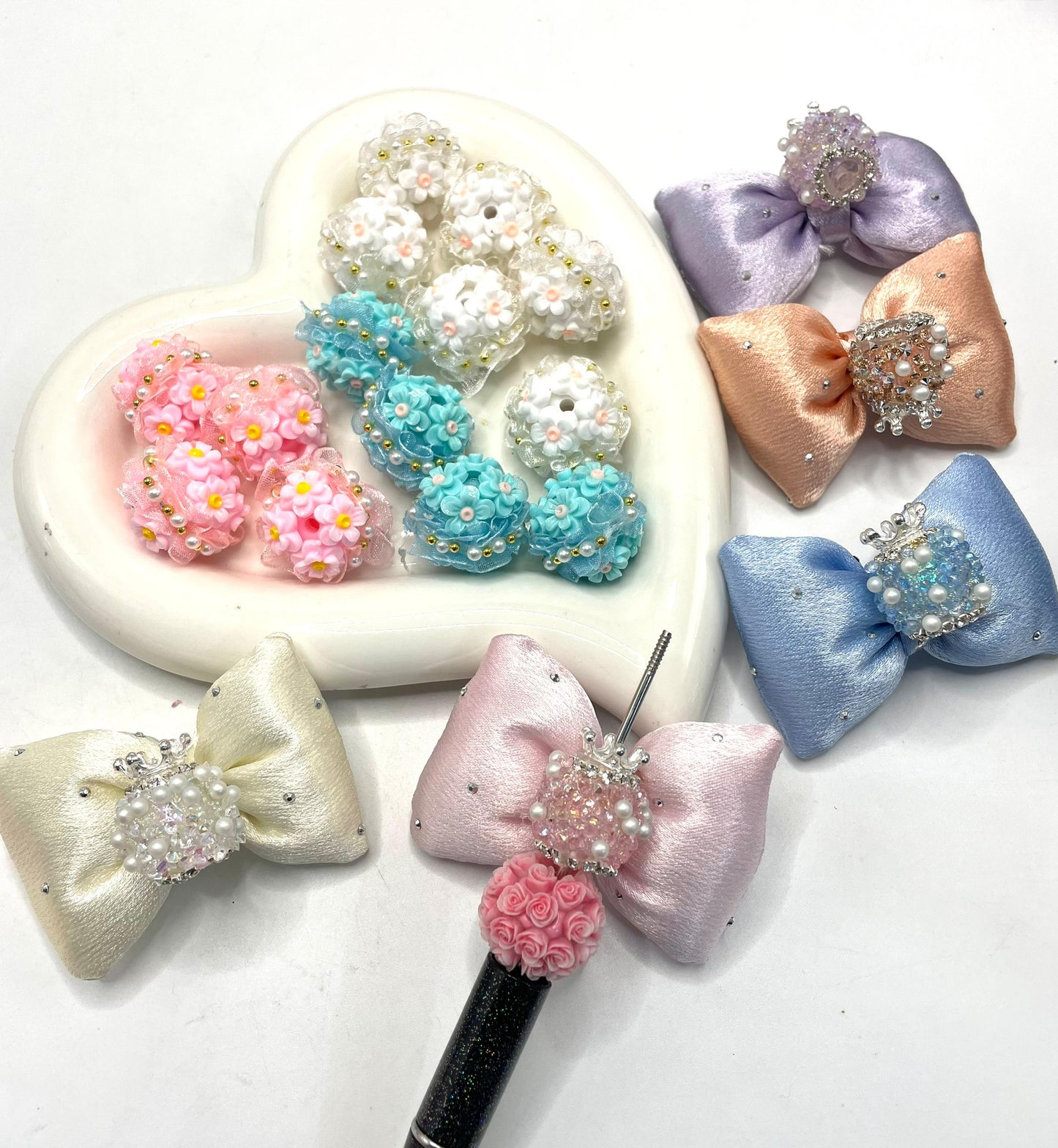 textile fabrica with crown bead fancy bead silk bow pillow fancy bead craft with crown organza silk finishing bow ,ornament with pearl and sugar stone, delicate handcraft ,randon mix color