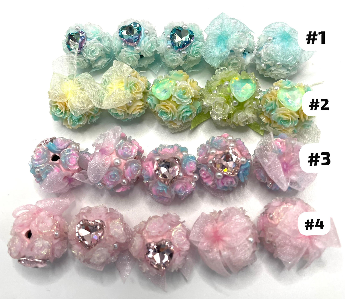 diy bow flower bead ornaments with heart shape stone ,colored,random mix