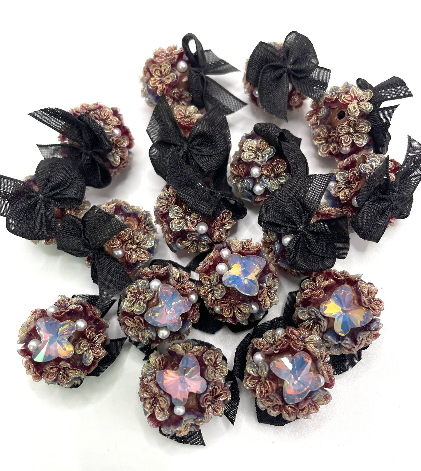 Fancy multicolor Rose flowers with bow beads Lace bow Random Mix 19mm