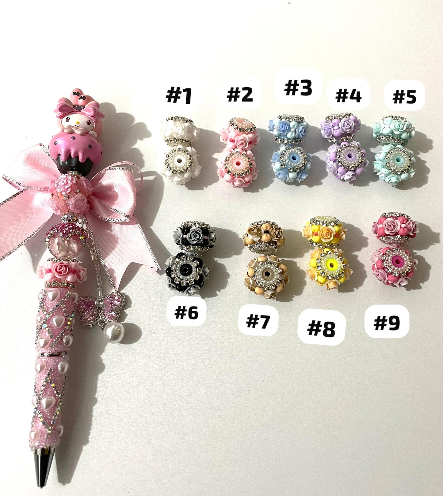 Beaded beadable fancy rose flower bead ornaments with rhinestone chain and pearl .colored,random mix