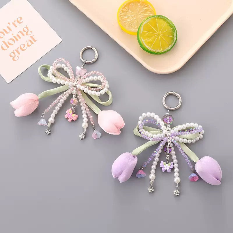 phone charm keychain tulip phone charm with bow double layer bow
