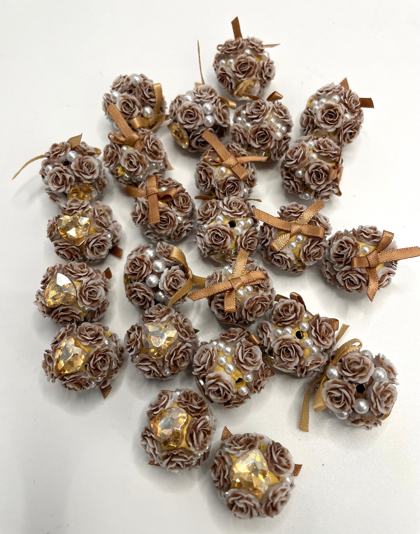 DIY flower beads ornament with bow and heart shape stone and pearl,colored random mix