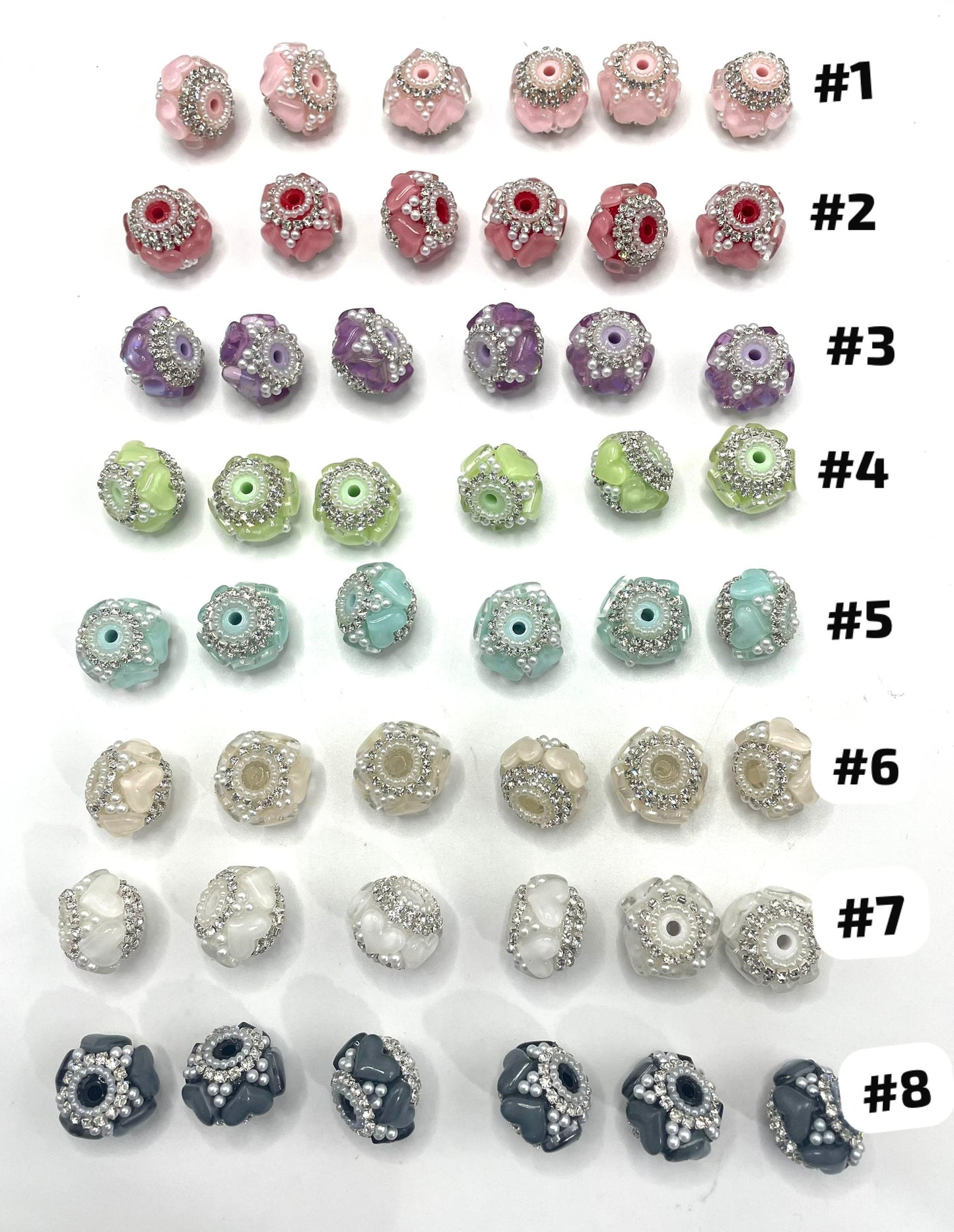 DIY acrylic fancy bead ornaments with glitter heart and rhinestone chain and pearl random mix