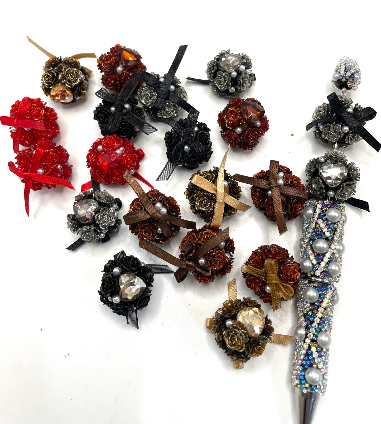 DIY flower beads ornament with bow and heart shape stone and pearl,colored random mix