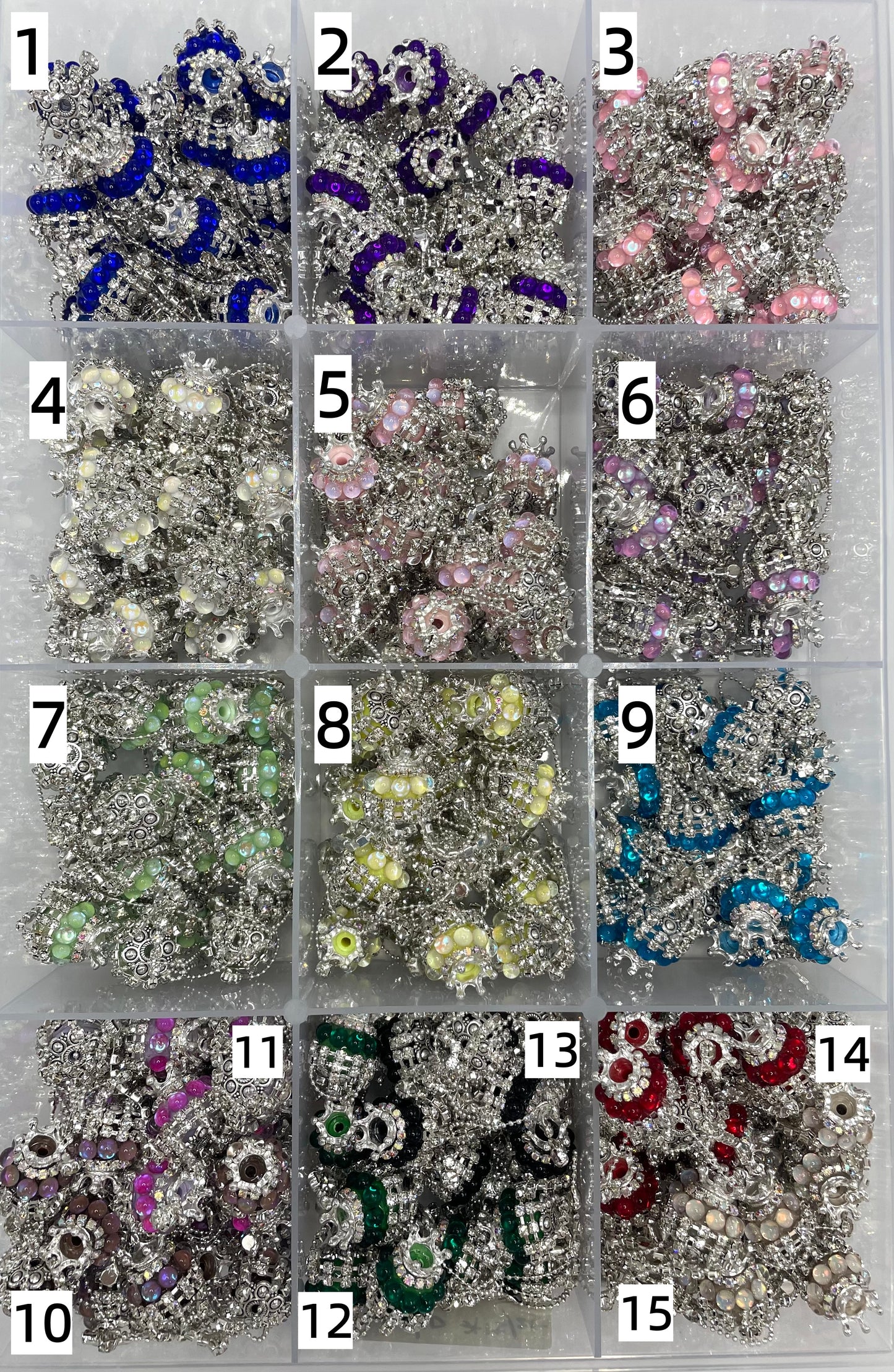 fancy bead ornaments with crown and buble dot and rhinestone chain dangling random mix color 19mm