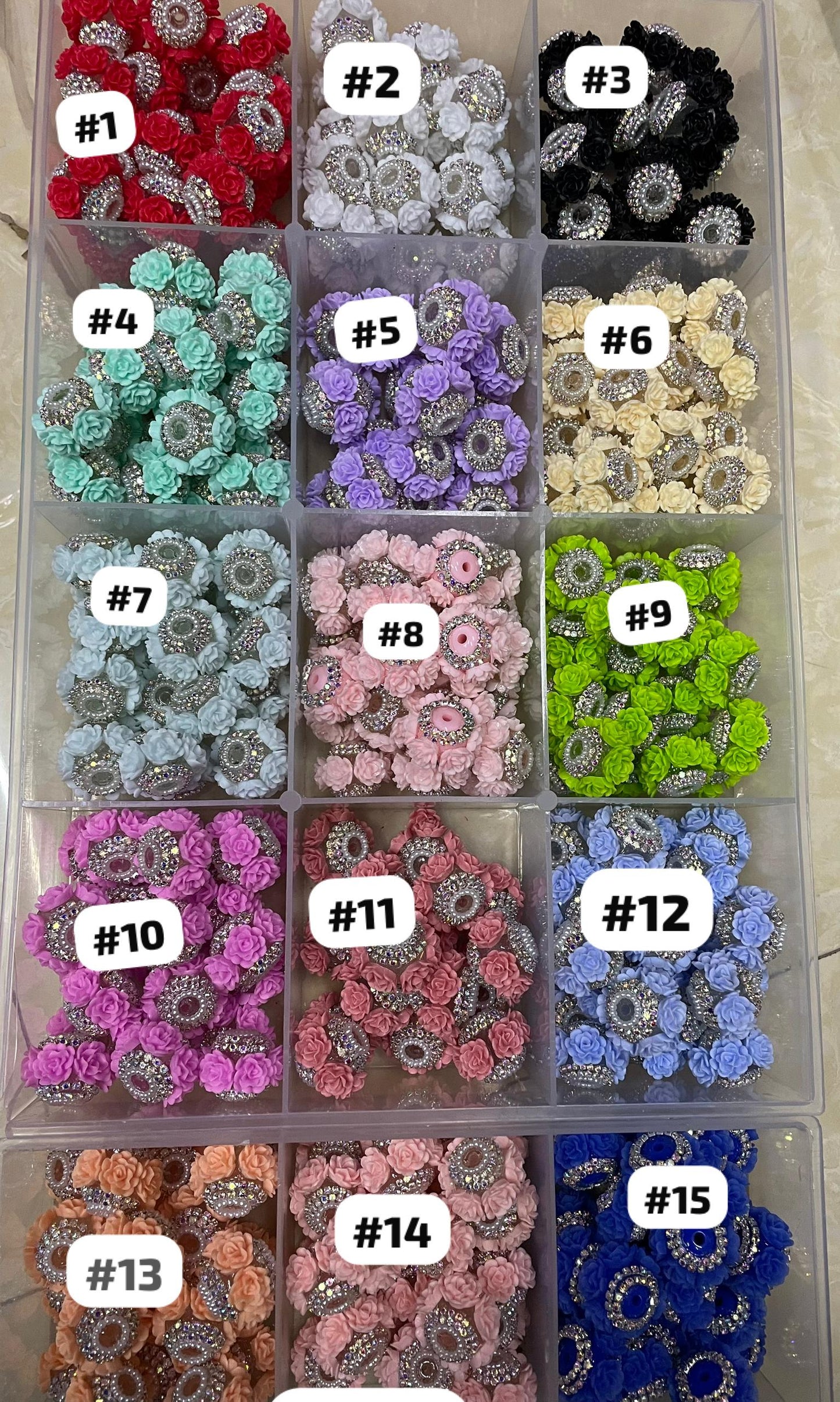 Beaded flower beads with silver rhinestone chain ,colored,random mix
