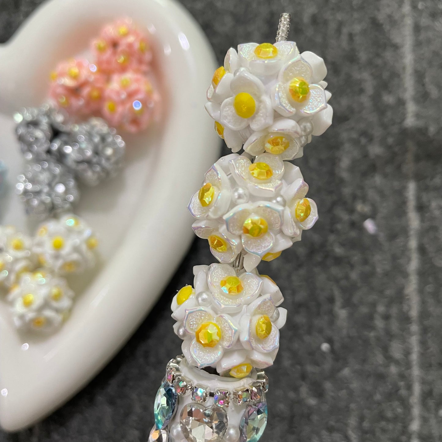 3 leaves flower beads three pastel flowers with rhinestones clay flower beads
