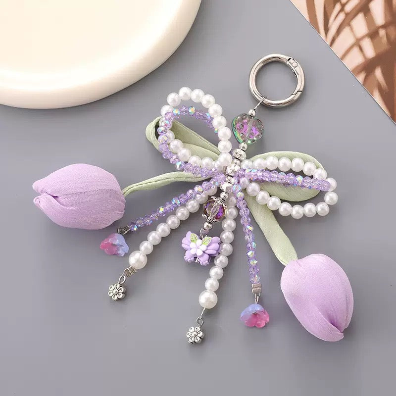phone charm keychain tulip phone charm with bow double layer bow
