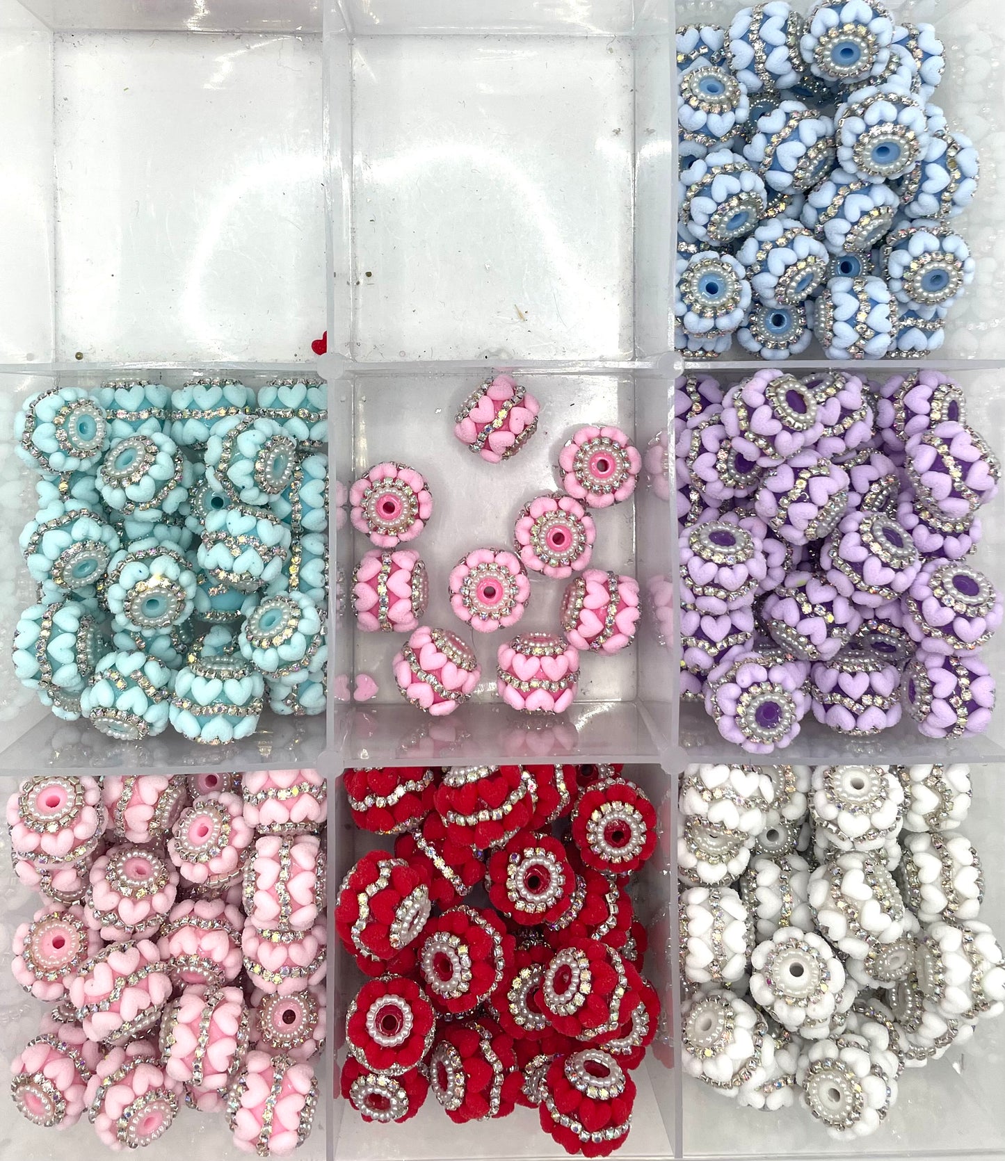 beaded beadable fancy fuzzy heart with silver rhinestone chain Clay heart Beads Sandblasted heart shape Chain Pearl gasket 19mm Random Mix