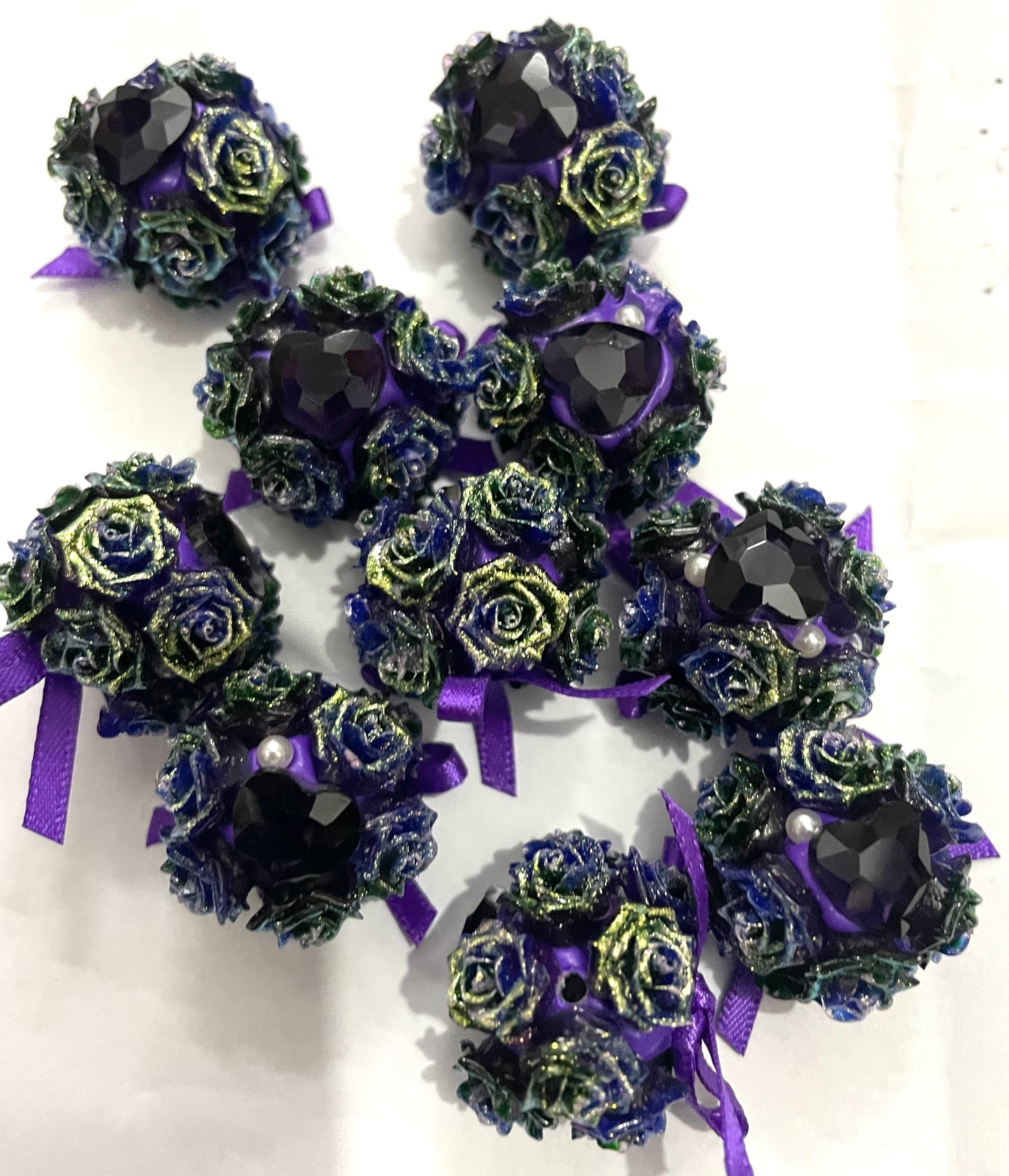 DIY flower beads ornament with bow and heart shape stone and pearl,colored random mix