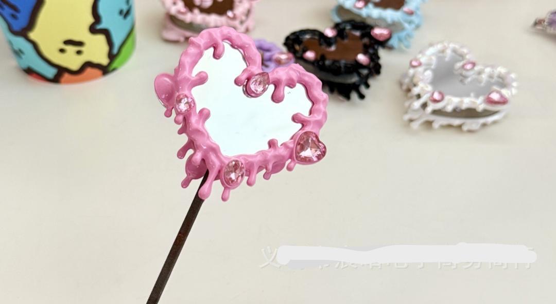 Beaded beadable fancy hand painting heart shaped mirror beads double size mirror ornaments with crystal heart
