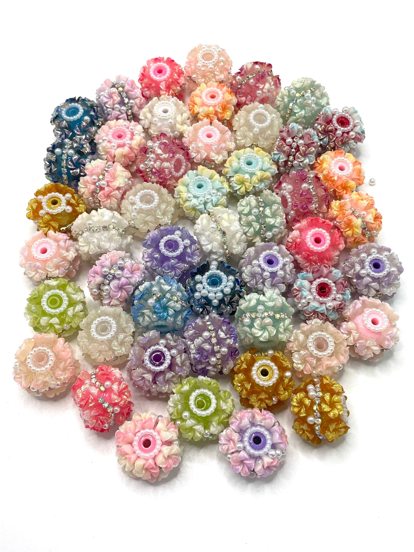 Flowe bead acrylic flower bead ornaments with pearl UV glitter on leaves rhiestone chain diy bead beadable bead random mix color