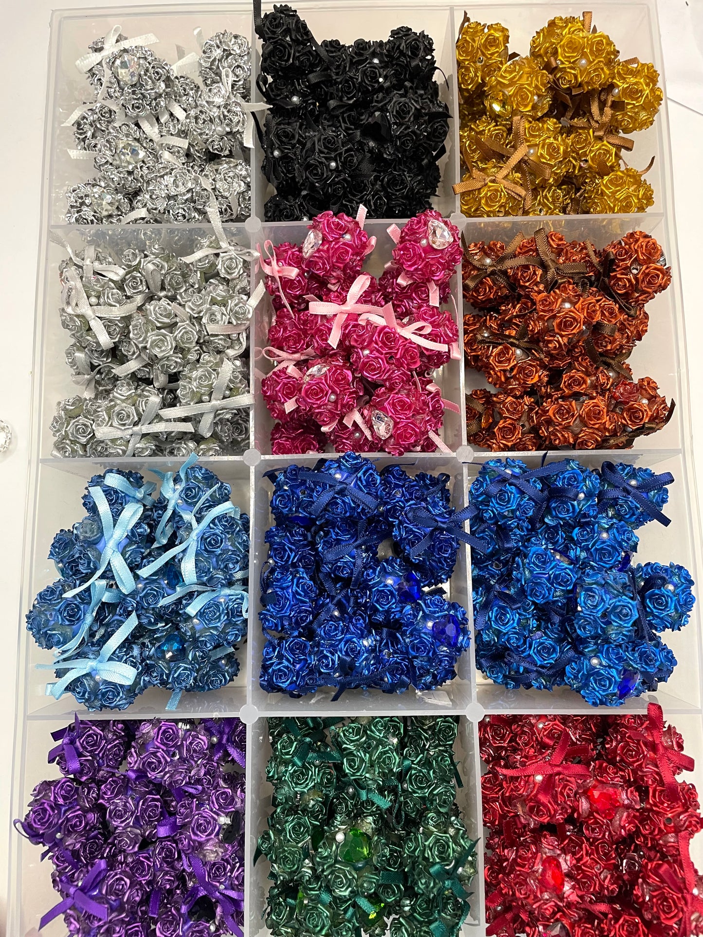 metallic looking bow flower with heart flower bead clay base bead with rose flower and bow with pearl colorful ,random mix