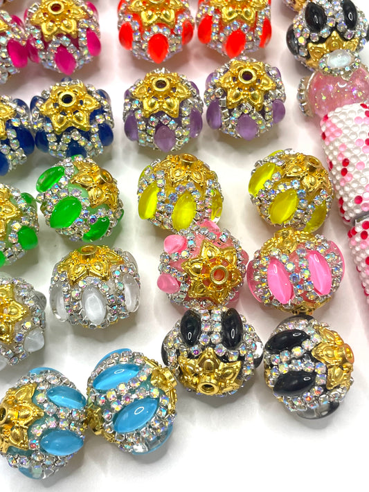 DIY beaded beadable fancy beads ornament with horse eyes stone and metal golden bead cap rhinestone chain ,random mix