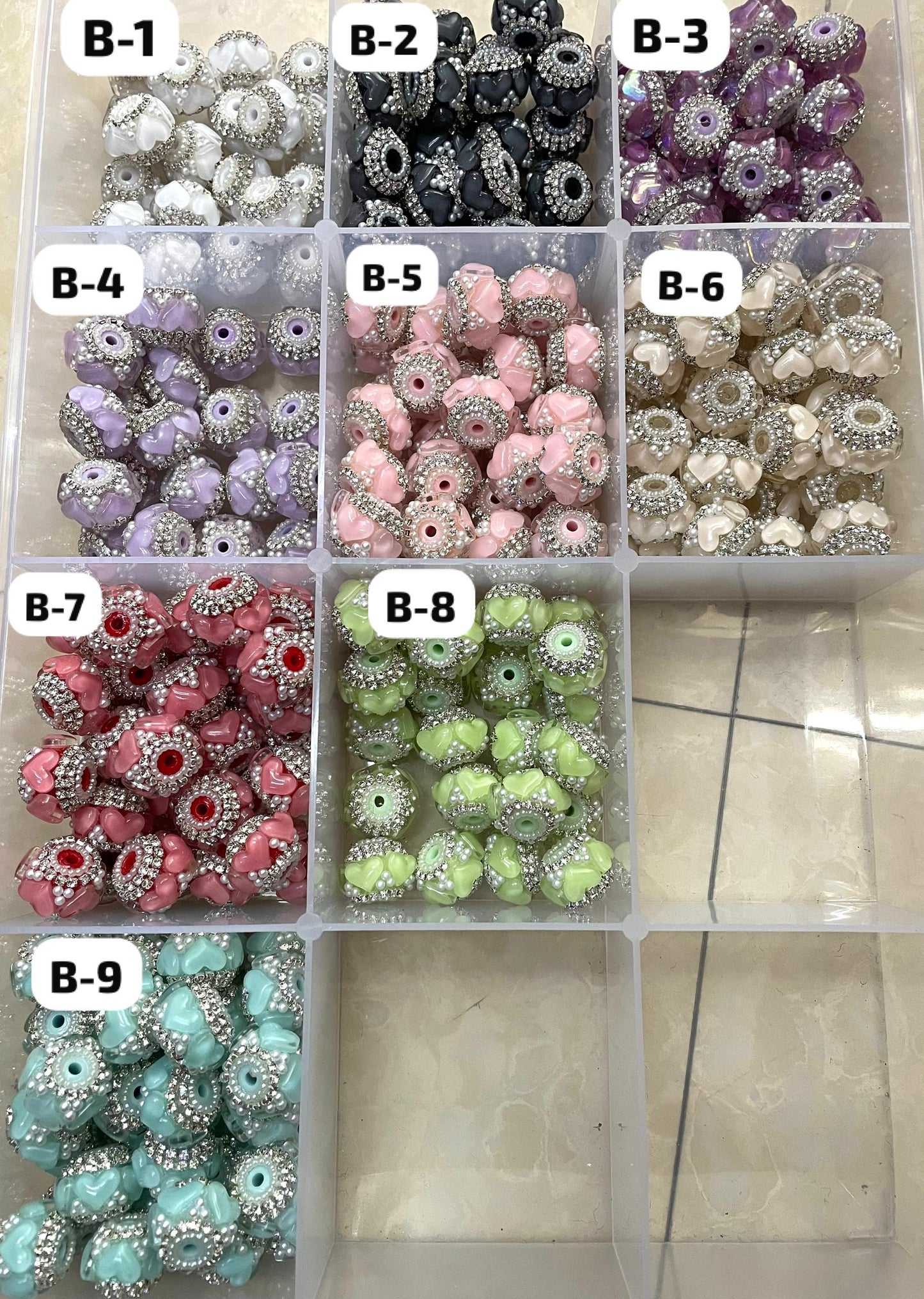 diy beaded beadable heart shape fancy beads ornaments with pearl and rihnestone chain,colored ,random mix