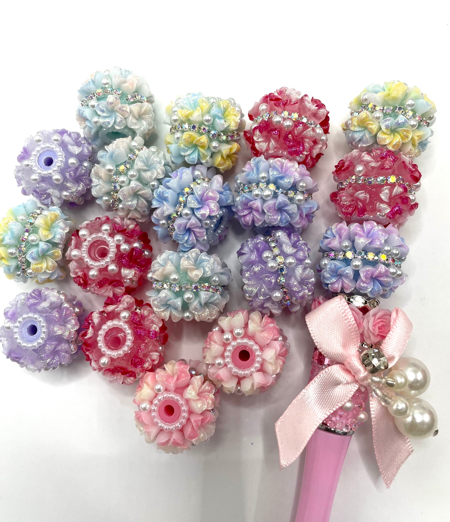 Flowe bead acrylic flower bead ornaments with pearl UV glitter on leaves rhiestone chain diy bead beadable bead random mix color
