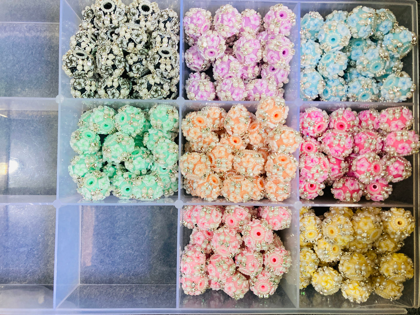 beaded beadable fancy bead ornaments with Hawaii flower and pearl and rhinestone,colored ,random mix