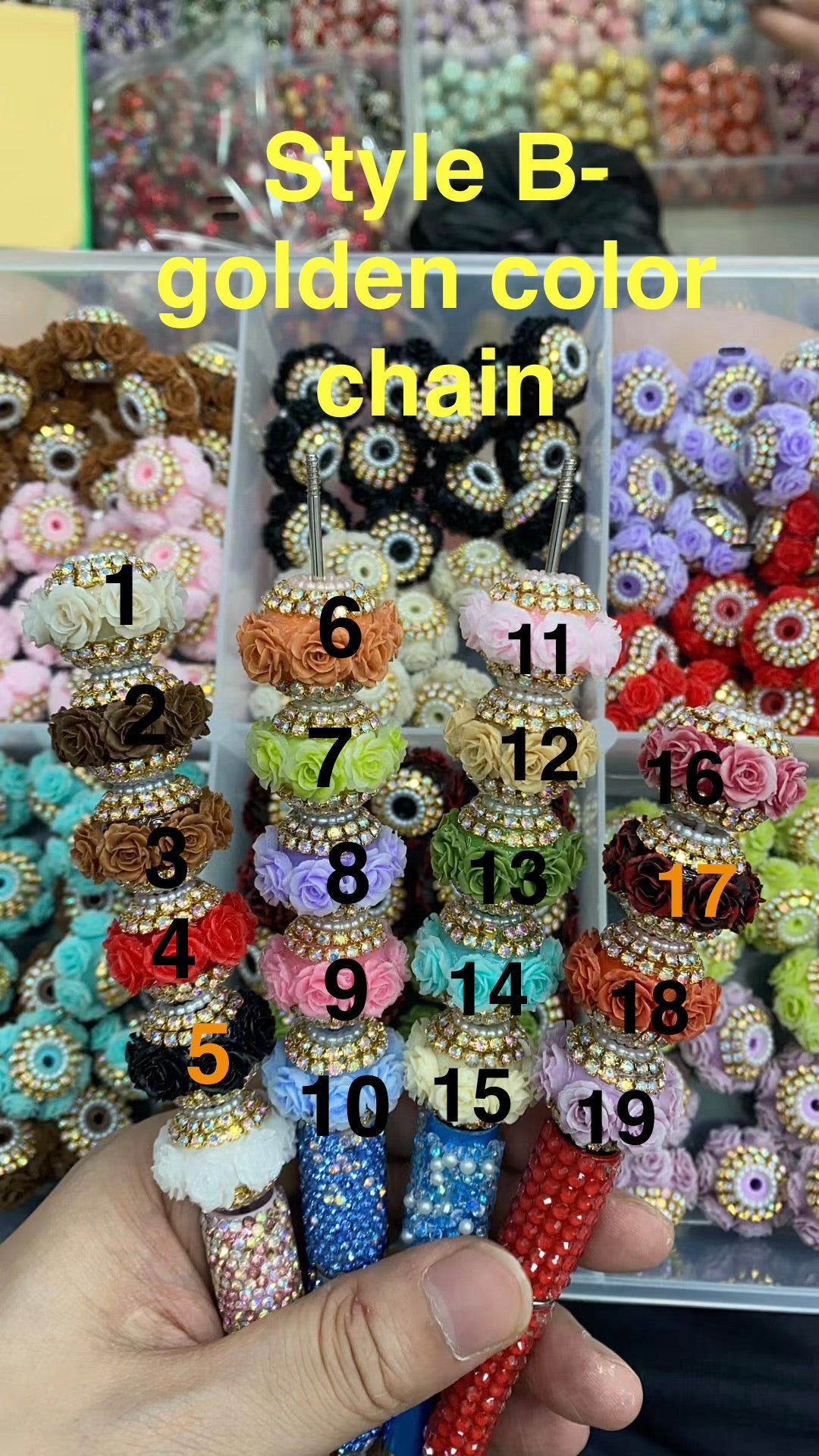 diy beaded beadable fancy rose flower beads ornaments with rhinestone chain and pearl